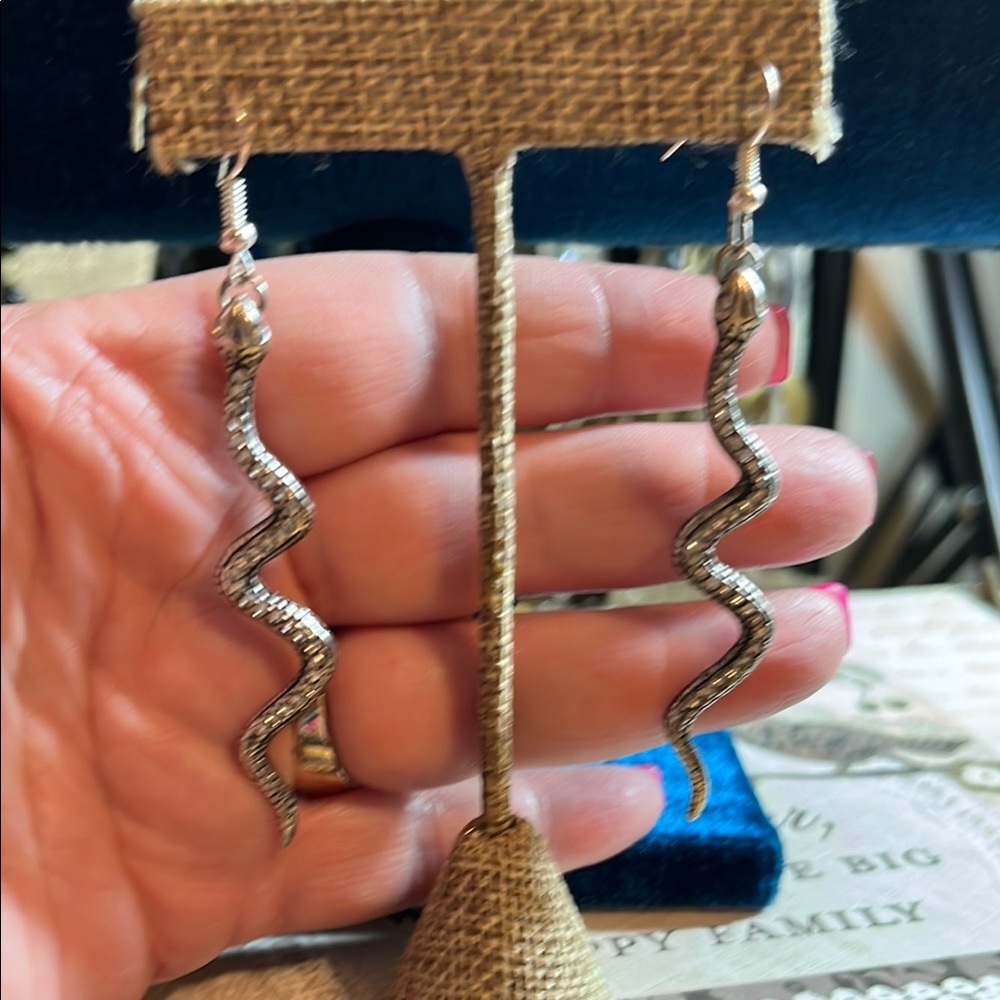 Silver tone and rhinestone Snake Earrings